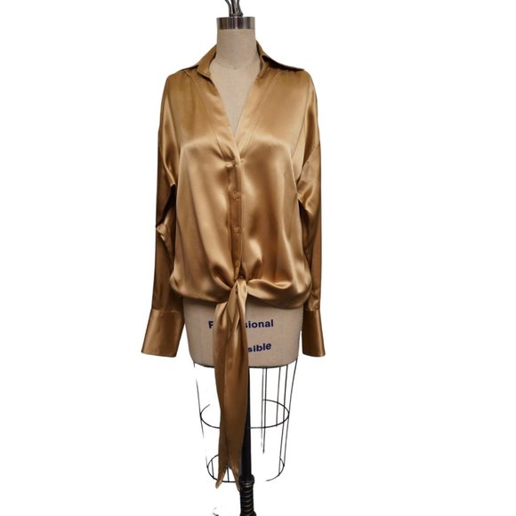 Silk Front Tie Blouse Gold - Picture 1 of 2